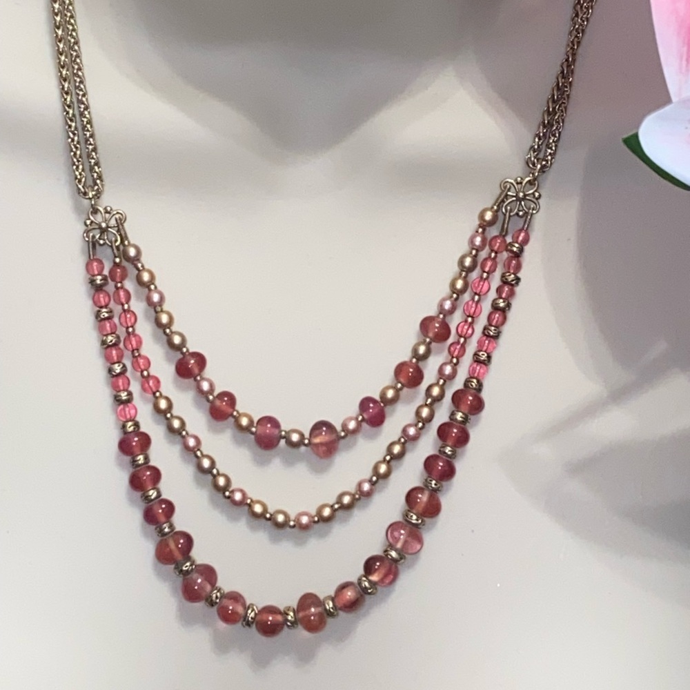 Vintage Monet Gold and Deep Pink Beaded Necklace three tier